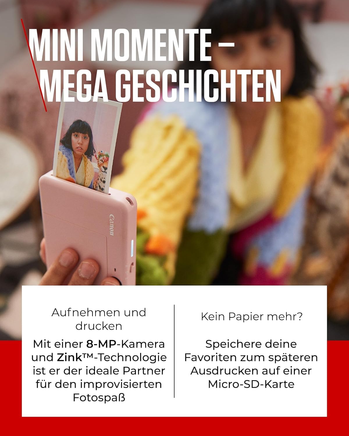 Canon Zoemini S2 Mini Sofortbildkamera + Fotodrucker mobil tragbar unterwegs Hosentasche (Fotodruck 5x7,6 cm, kabelllos, eingebauter Akku, Canon App, Bluetooth) roségold [+ 10er Zink Druck-Set]