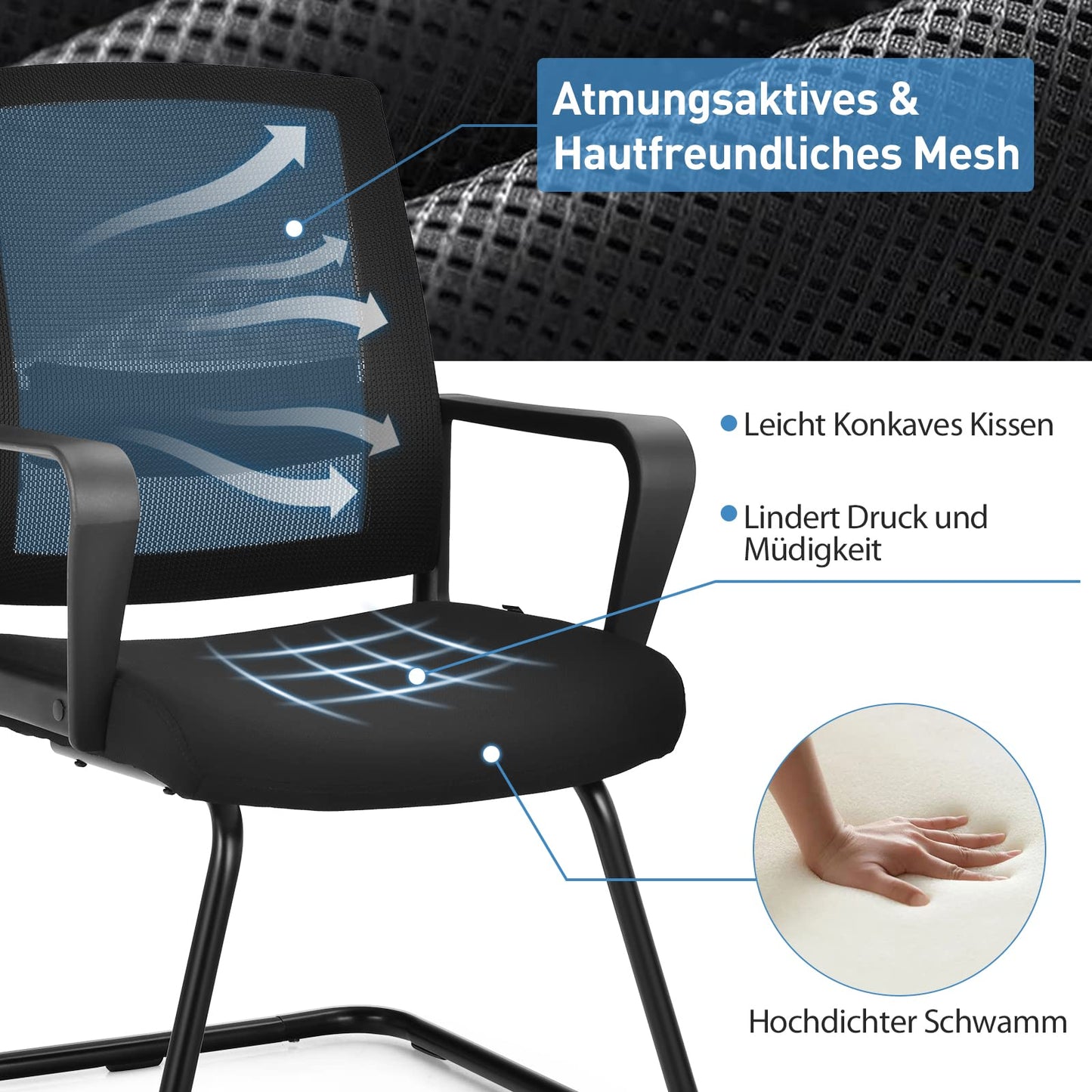 COSTWAY Freischwinger Stühle 2er Set, Schwingstühle mit Armlehne, Konferenzstühle, Bürostühle, Computerstühle bis 136kg belastbar, Schreibtischstühle für Büro, Arbeitszimmer