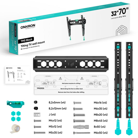 ONKRON TV Wandhalterung neigbar für 32-70 Zoll TVs bis zu 60 kg, Ultra Slim TV Wandhalterung Flach max 400x400 VESA TV Halterung Fernseher/Universal Fernsehhalterung Wand neigbar Schwarz TM5-B