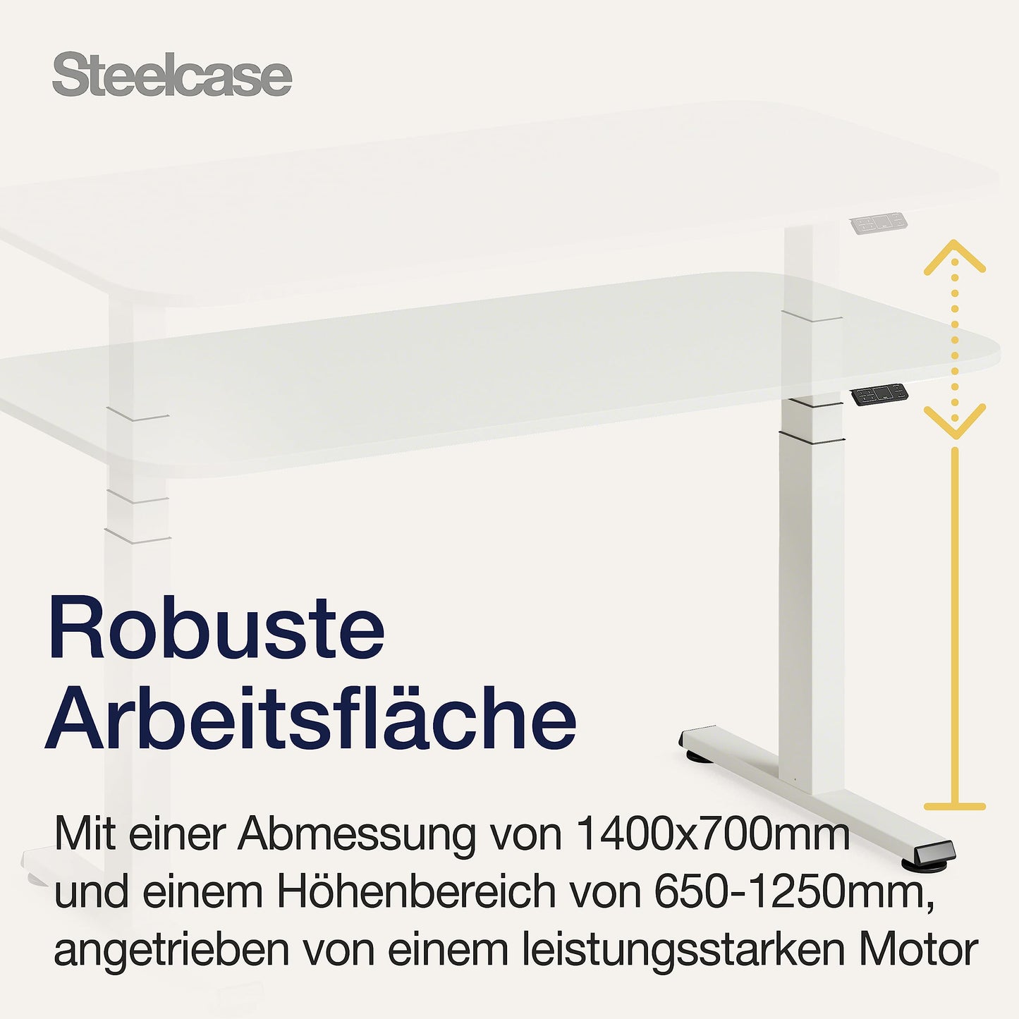 Steelcase Solo Elektromotorisch höhenverstellbarer Homeoffice-Schreibtisch, programmierbares Bedienpaneel, Antikollisionssensor und Kabelnetz, Tischplatte in Snow, Gestell in Pearl Snow