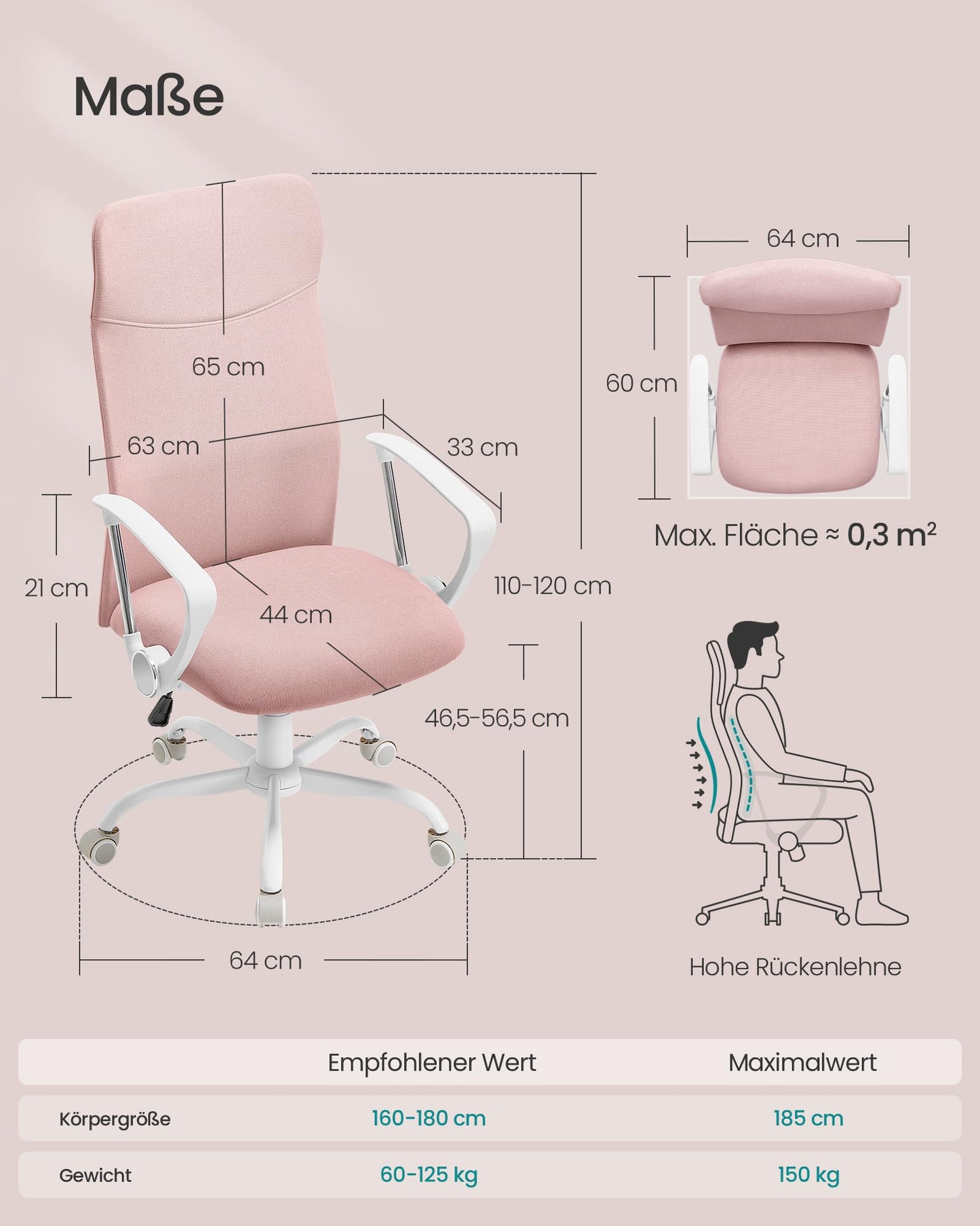 Ergonomischer Bürostuhl – Drehstuhl mit S-förmiger Rückenlehne & Wippfunktion, Pastellrosa