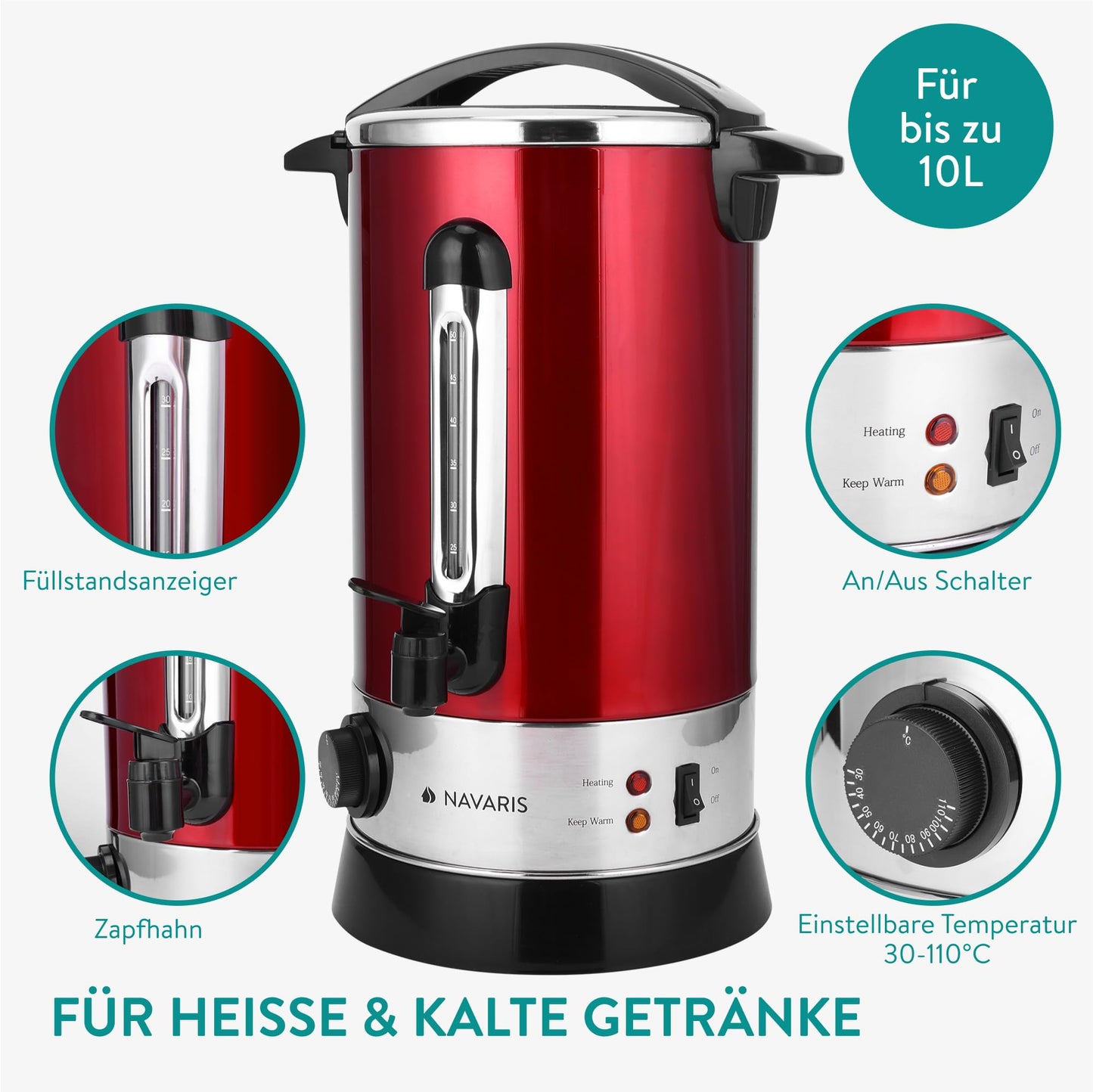 Navaris Elektrischer Glühweinkocher, Rot, 10L Edelstahl Heißwasserspender mit Thermostat, Füllstandsanzeige und Zapfhahn für Punsch und Tee