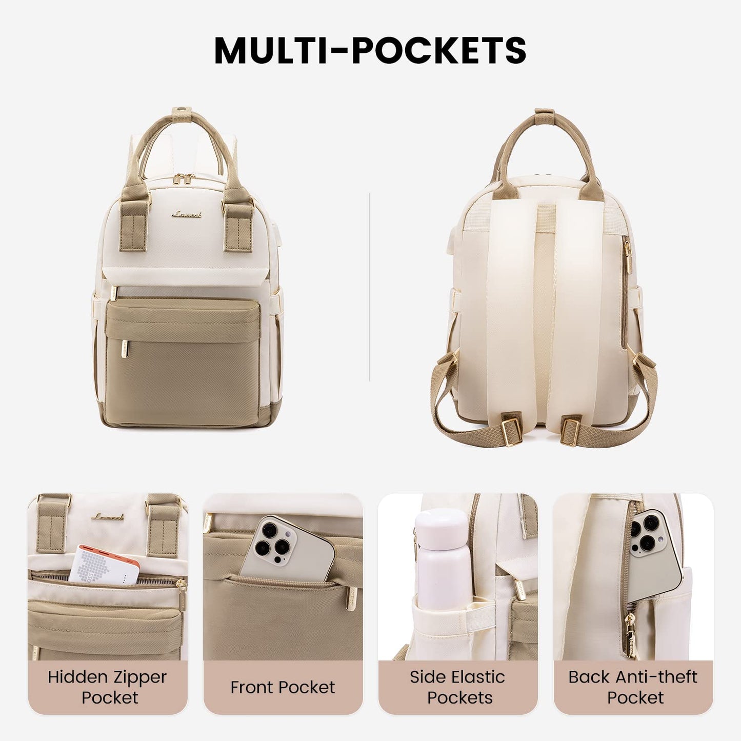 LOVEVOOK Rucksack Damen Klein, Wasserdicht Cityrucksack Handtasche 2 in 1 mit USB Ladeanschluss, Mini Tasche Daypack Backpack Women Elegant für Freizeit Schule Reisen Arbeit, Khaki Beige