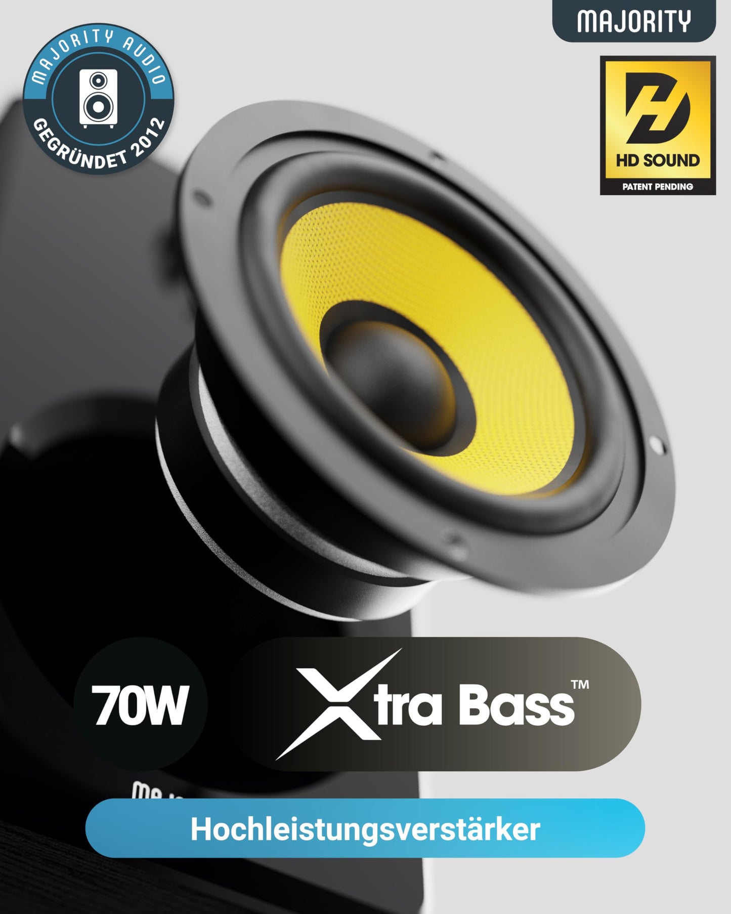 MAJORITY D40X Aktiv Regallautsprecher | 70W 2.0 Gelber Kevlar-Kegel Monitor Lautsprecher | Studio Monitor mit Bluetooth | Bookshelf HiFi Speakers mit Optische, RCA, USB AUX & Inklusive Fernbedienung