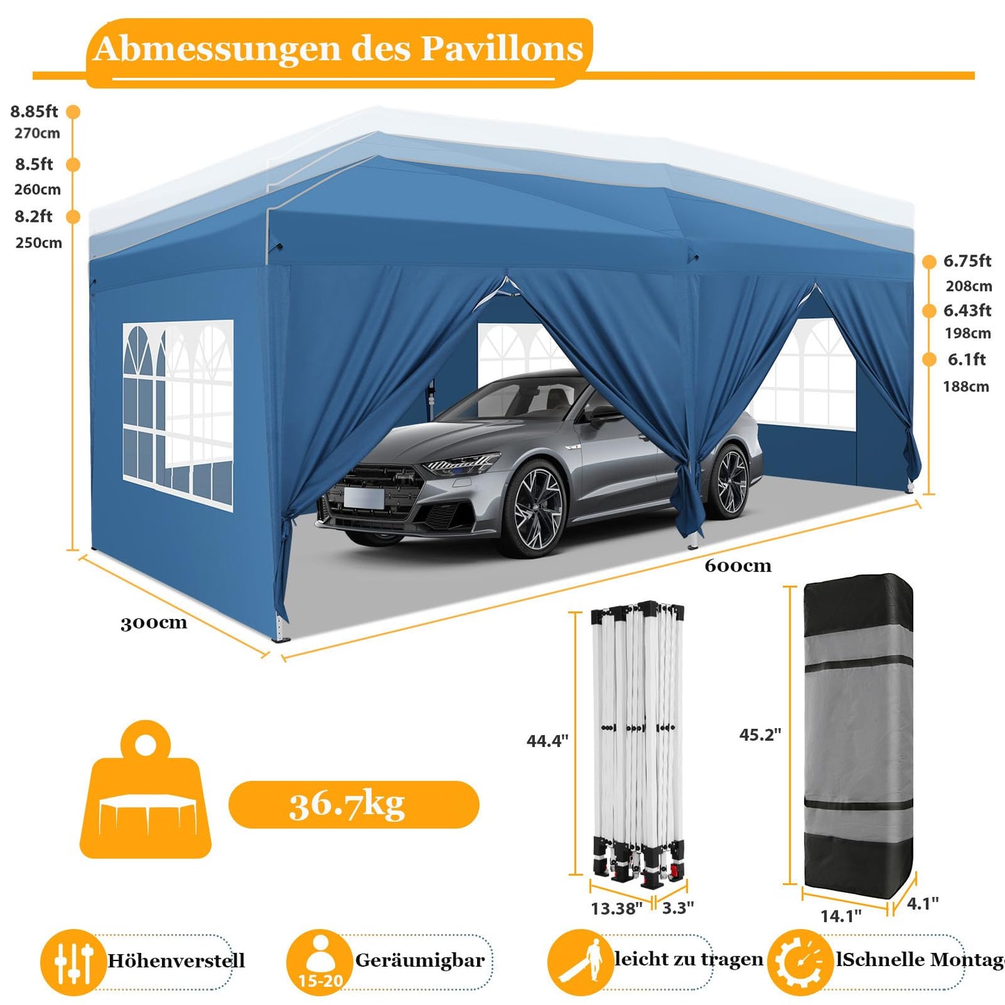 COBIZI Pavillon 3x6m, Faltpavillon 3x6 Wasserdicht Stabil mit 6 Seitenteilen, Zentralverriegelungsstruktu, Pop Up Pavillon Partyzelt Gartenpavillon für Party, Festival, Hochzeit, Anti-UV, Blau