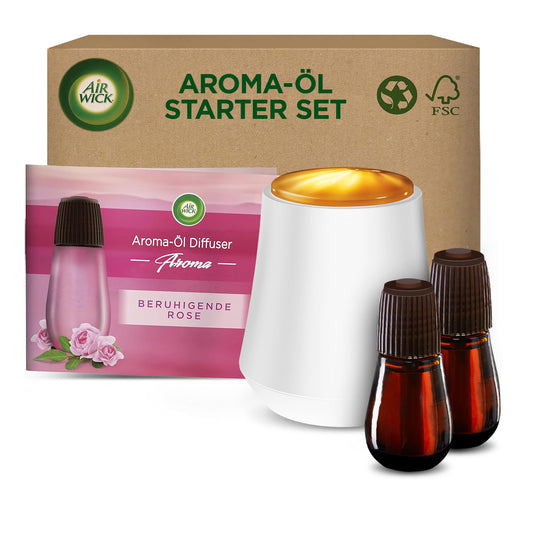 Air Wick Aroma-Öl Flakon Starter Set - Diffuser mit 2 Nachfüllern - Aromatherapie - Duft: Beruhigende Rose - Floraler Raumduft mit ätherischen Ölen - 2 x 20 ml Öl + Gerät in Weiß