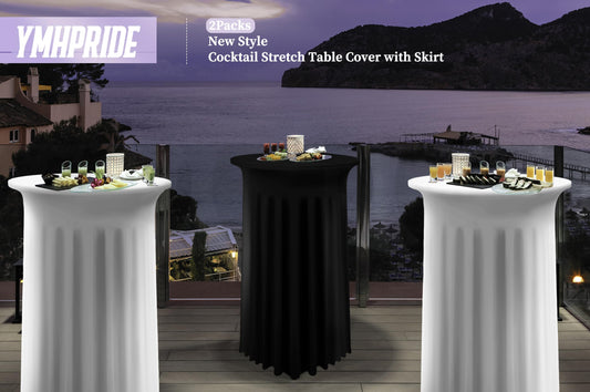 YMHPRIDE 2er-Set Blau Stehtisch Hussen Stretch Stehtisch Tischdecke mit Rock, 80×110cm Runder Cocktail-Tischrock, Bistrotisch-Bartisch-Abdeckung für Party, Hochzeit, Banketttisch