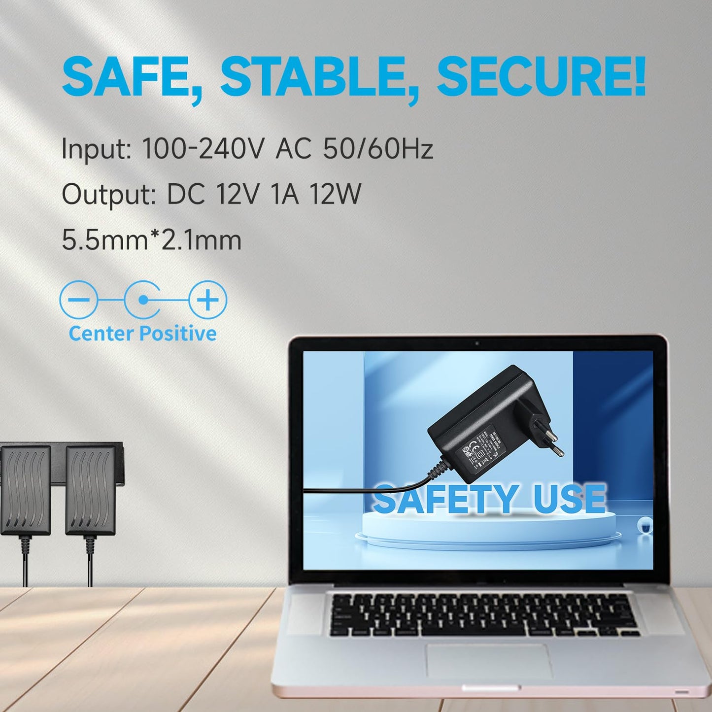 12V 1A/1000mA Netzteiladapter, AC 100-240V 50/60Hz auf DC 12V 1A/1000mA 12W Wandladegerät, Mitte positiv, 1,8m langes 20-AWG-Kabel für stabilen und flexiblen Einsatz, 8 Aufsätze enthalten