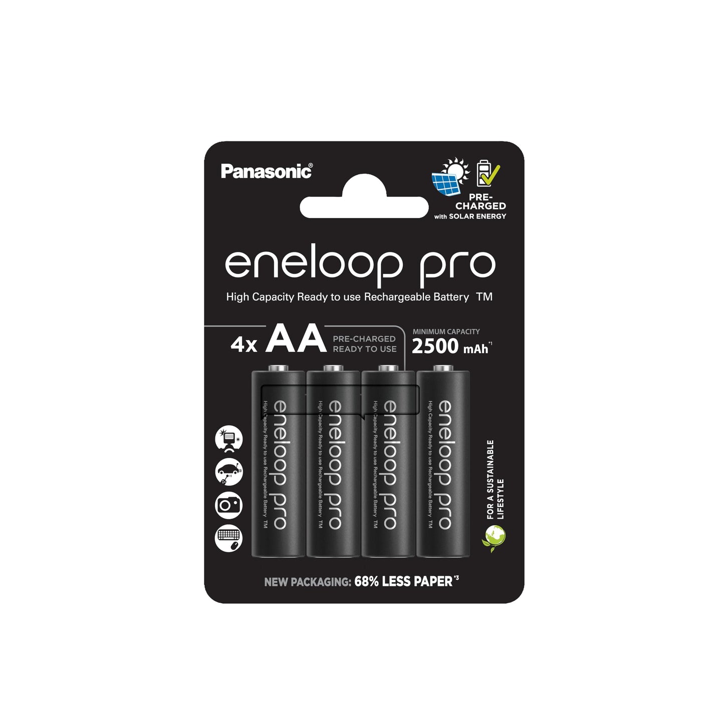 eneloop pro, AA/Mignon NI-MH Akku, 4er-Pack, Kapazität mit min. 2500 mAh, Ready-to-Use NI-MH Akkus, bis zu 500 Mal wiederaufladbar, plastikfreier Verpackung, pro, schwarz
