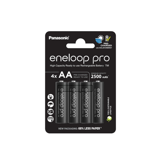 eneloop pro, AA/Mignon NI-MH Akku, 4er-Pack, Kapazität mit min. 2500 mAh, Ready-to-Use NI-MH Akkus, bis zu 500 Mal wiederaufladbar, plastikfreier Verpackung, pro, schwarz
