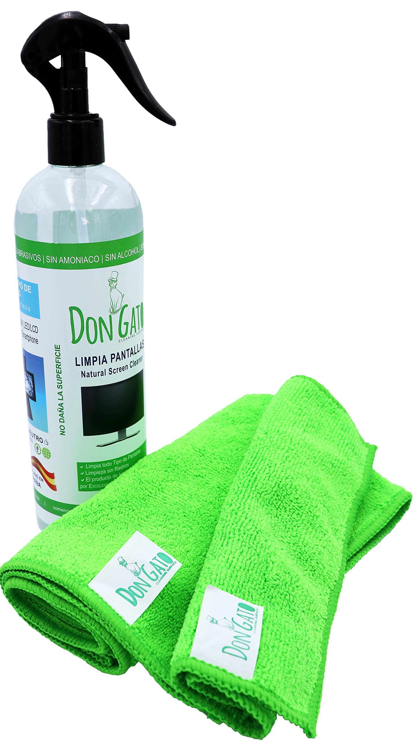 Don GATO - Bildschirmreiniger-Set und 2 Mikrofasertücher (500ml) für Fernseher, Tablets, Computer, Laptops und Mobiltelefone. Hergestellt aus Natúrlichen Produkten und Umweltbewusst