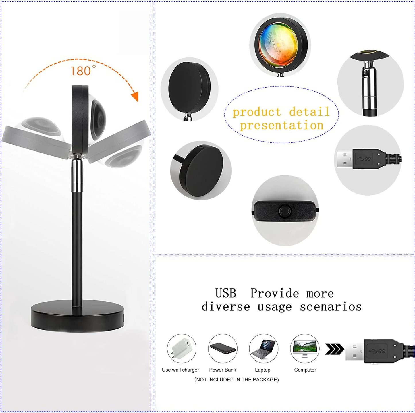 Sunset Lamp,Sonnenuntergang Lampe mit USB,Höhenverstellbar LED Nachtlicht Rainbow Light 24 Farben Zwei Fernbedienungen 4 Dynamische Modi 180° Drehung Sunset Projektionslampe,Selfie/Fotografie/Party