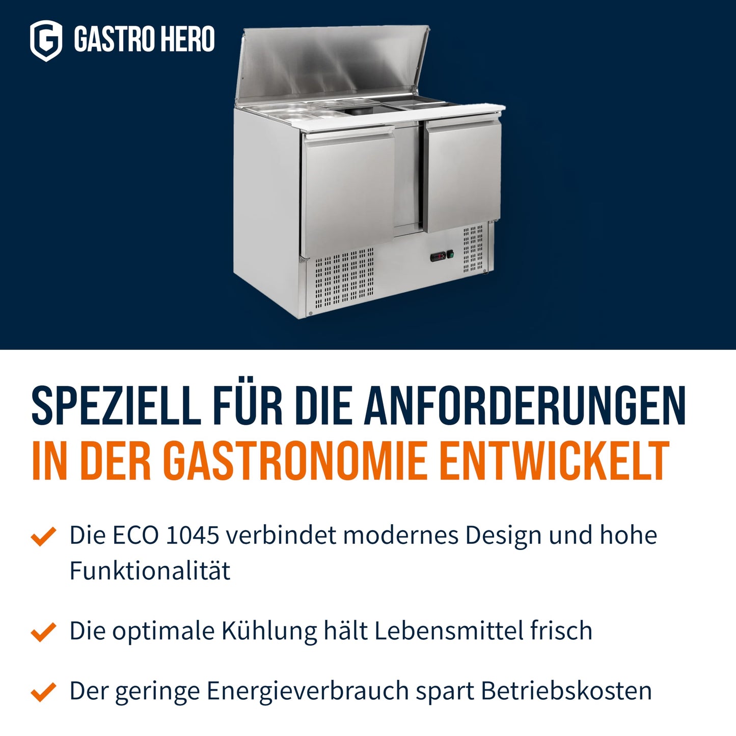 GastroHero Saladette Eco 1045 – 302 Liter Kühlung, 2 Edelstahl-Türen, GN-Behältereinlass