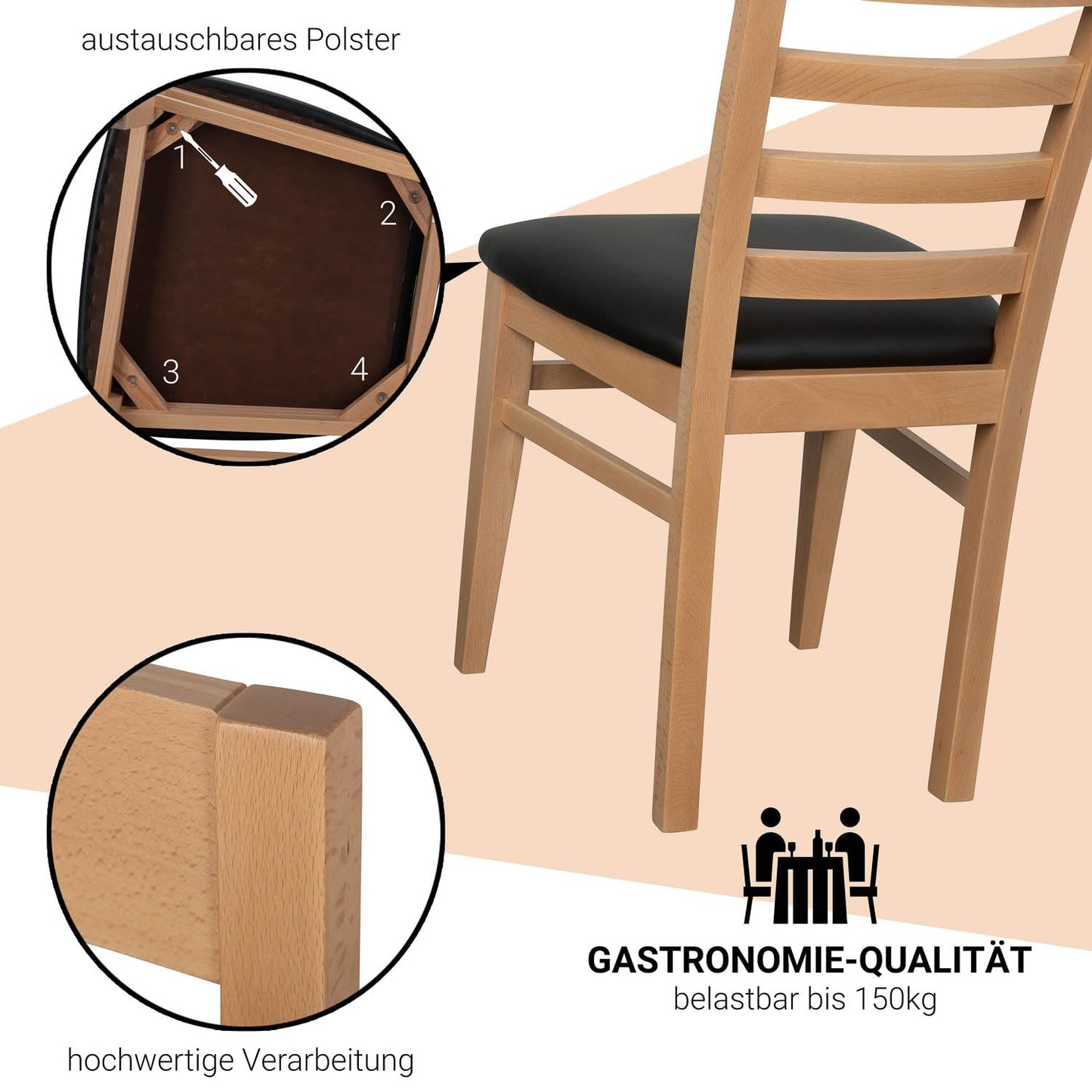 Staboos CH62 Esszimmerstuhle 2er Set Holz Stuhl bis 150 kg - Fertig montiert - Küchenstuhl gepolstert - massiv Holz Buche (Natur - Schwarz)