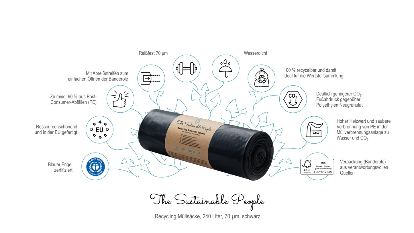 TSP Schwerlast Müllsäcke 240L - aus mind. 90% Post-Consumer-Abfällen (PE) - Blauer Engel zertifiziert - 10er Rolle - extrem reißfest (70 μm) - 1000x1250 mm - ideal für Renovierung und Gewerbe-Abfälle