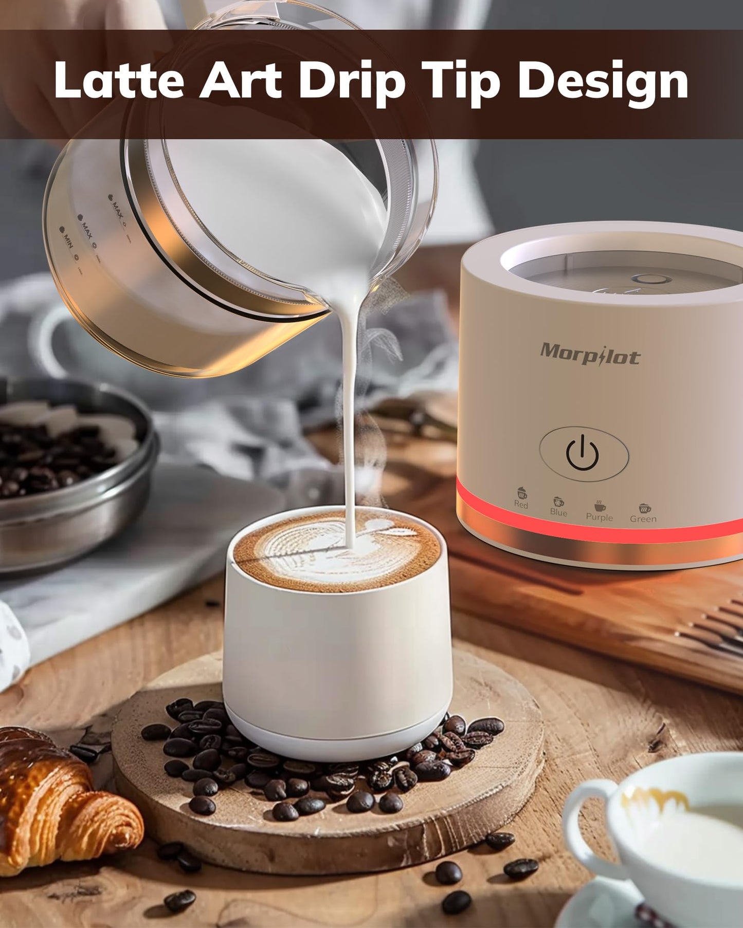 Morpilot Milchaufschäumer Elektrisch, 130-500ml 600W, 4 in 1 Milchschäumer für Heißer und Kalter, Spülmaschinenfest, Visuelles Glas, Latte-Design, Weiß