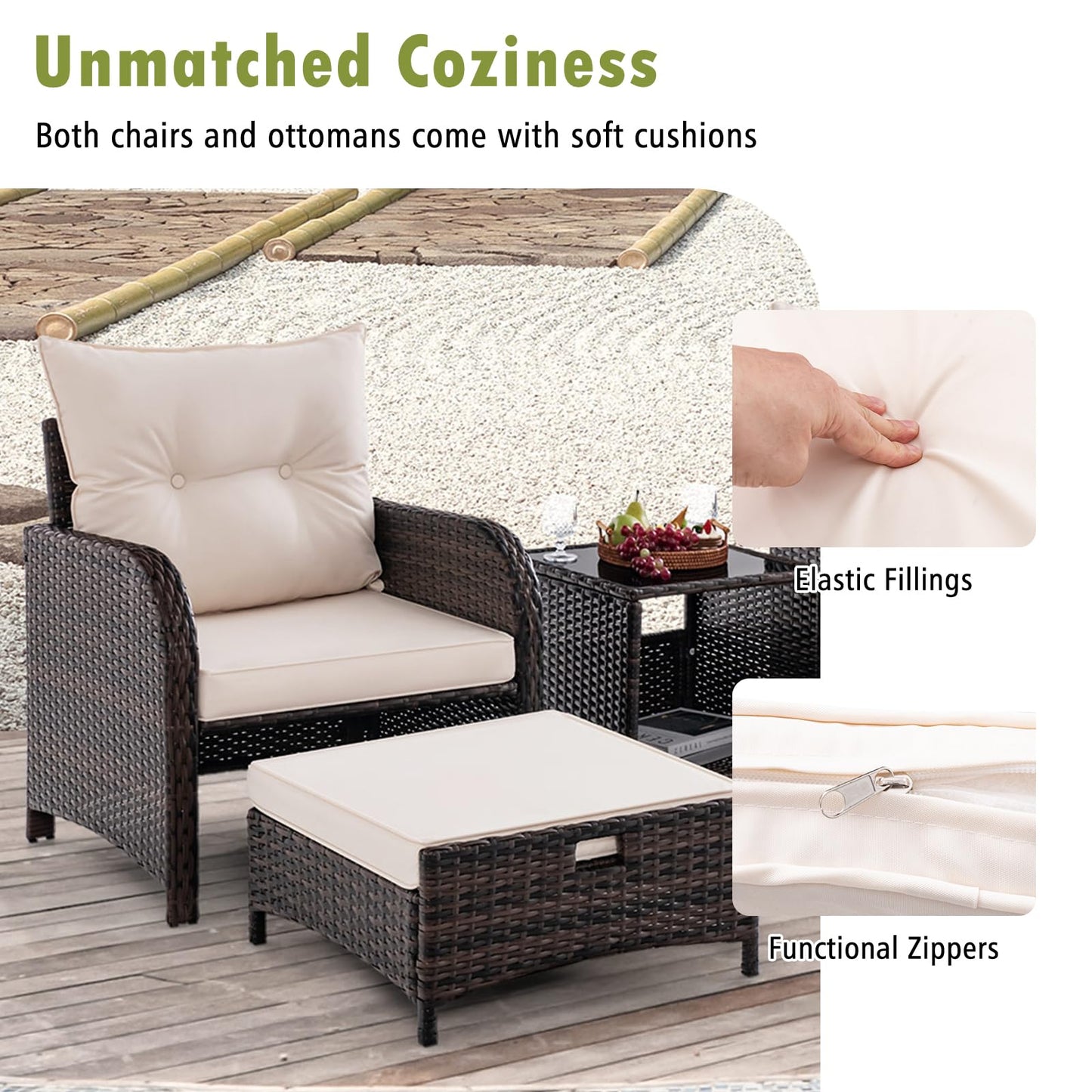 GIANTEX 5er Rattan Gartenmöbel Set, Balkonmöbel Kleiner Balkon, Balkonset 2 Rattansessel mit Hocker, Gartenlounge Set Terrassenmöbel mit Tisch, Gartengarnitur Möbelsets Outdoor Sitzgruppe 5 teilig