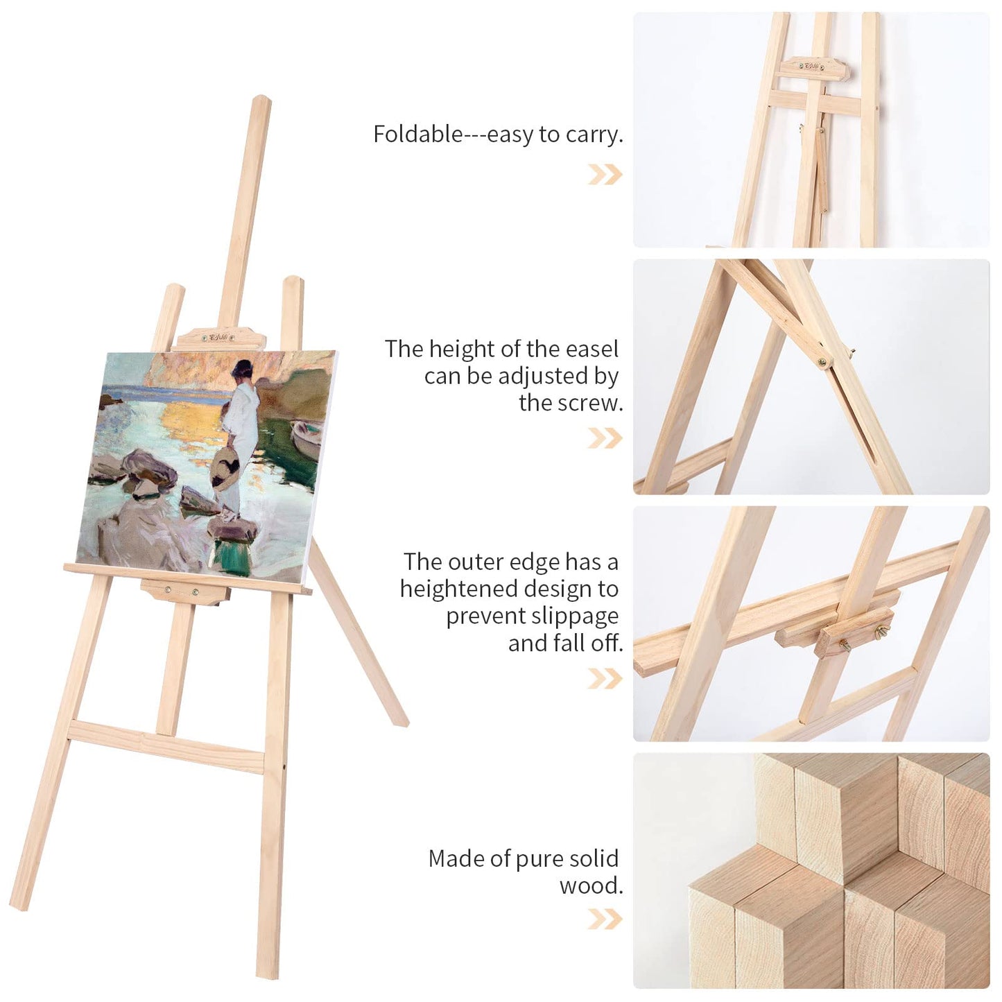 Viesap Staffelei, 150CM Hoch Holz, Bild Ständer Aus Vollholz, Klappbar Und Höhenverstellbar, Groß, Für Kunstmalerei Und Außenwerbung Geeignet, Kinder Und Erwachsene.