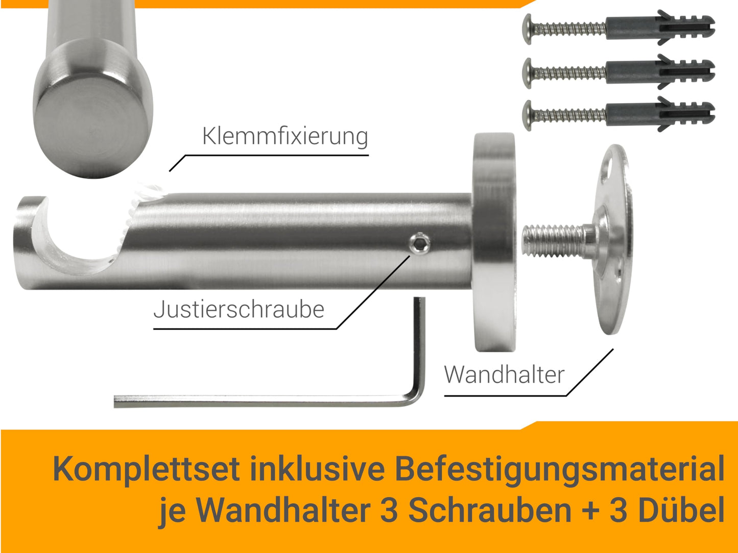 npluseins Gardinenstange/Teleskop 1-läufig Ø 13/16 Set + Zubehör 1569.2259, ca. 120-210 cm, Zylinder Chrom