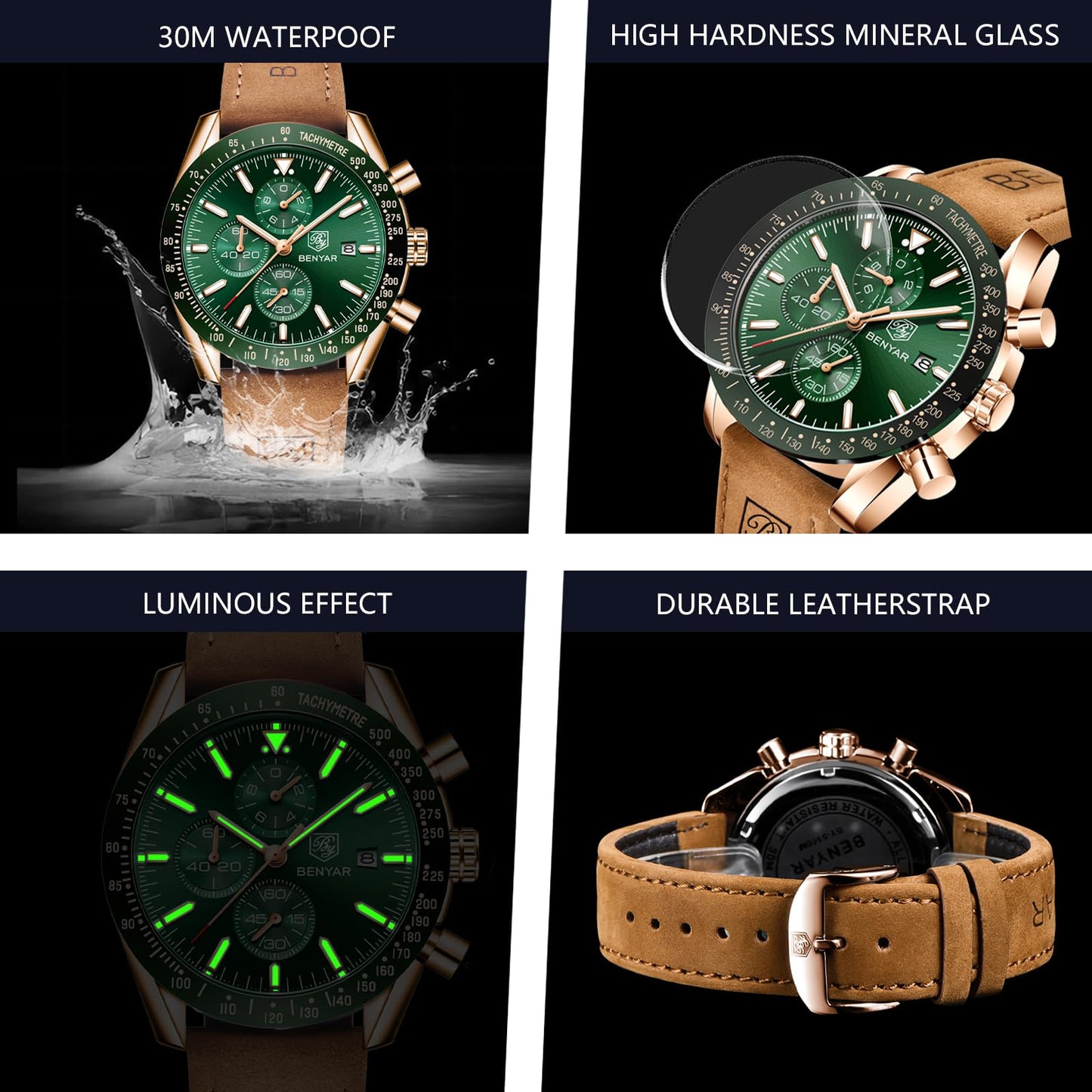 BY BENYAR Herren Business Analoger Chronograph Quarzuhr 30M Wasserdicht Leuchtende Datumsanzeige Modische Freizeituhr Sport Multifunktions Lederuhr.（Gold Grün）