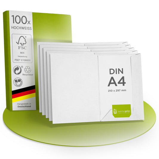 werbegruen Präsentationsmappe 100 Stück A4 Weiß Hochwertig | Stabiler, DIN A4 320g/m² Karton | Made in Germany | Visitenkartenschlitz | Einschlagmappe, Zeugnismappe, Dokumentenmappe