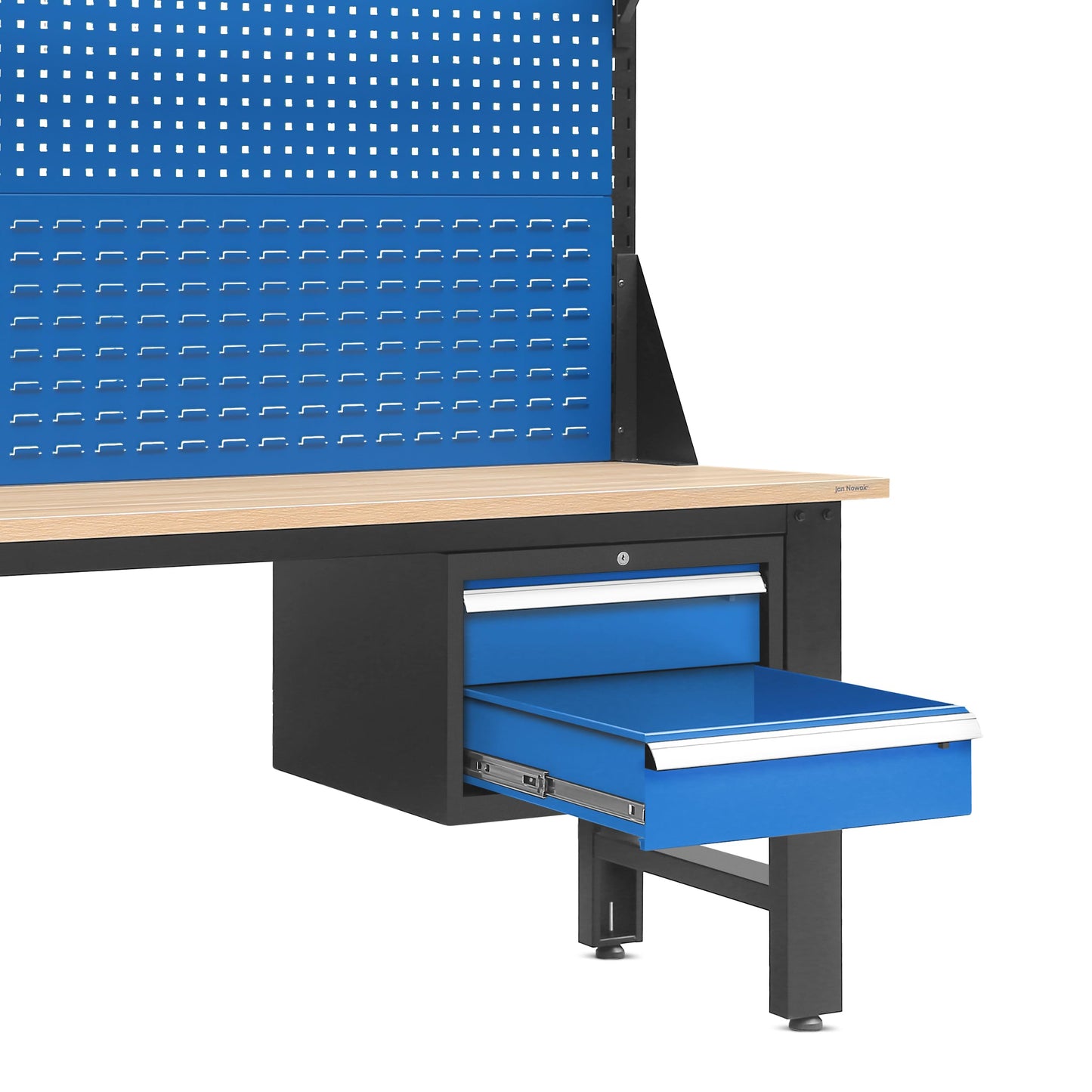 Jan Nowak Werkbank mit Werkzeuglochwand Werktisch mit 2 Schubladenc Steckdose Metall MDF Tischplatte Belastbar bis 600 kg Pulverbeschichtung 170 cm x 150 cm x 75 cm (Anthrazit-Blau)