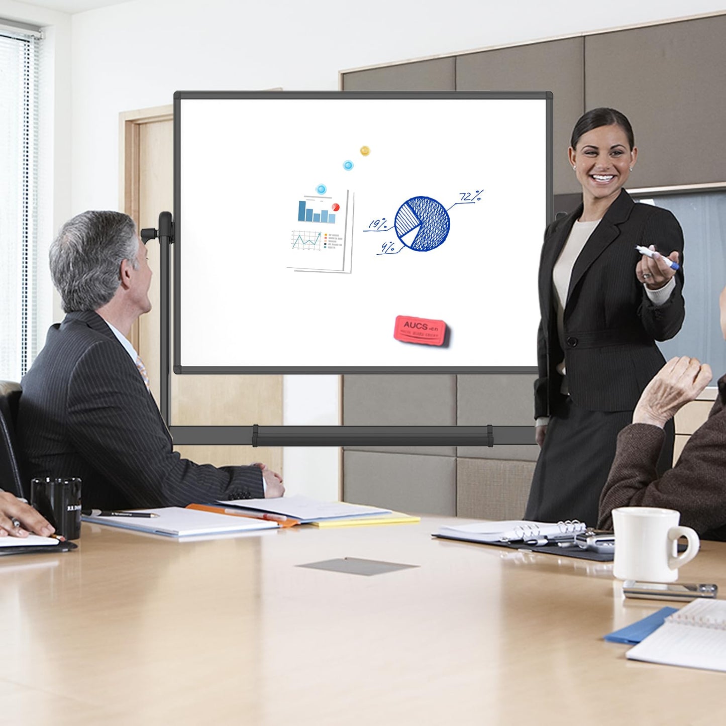 VIZ-PRO Doppelseitiges Magnetisches Mobiles Whiteboard, 120 x 90 cm, Schwarzer Aluminiumrahmen und Ständer
