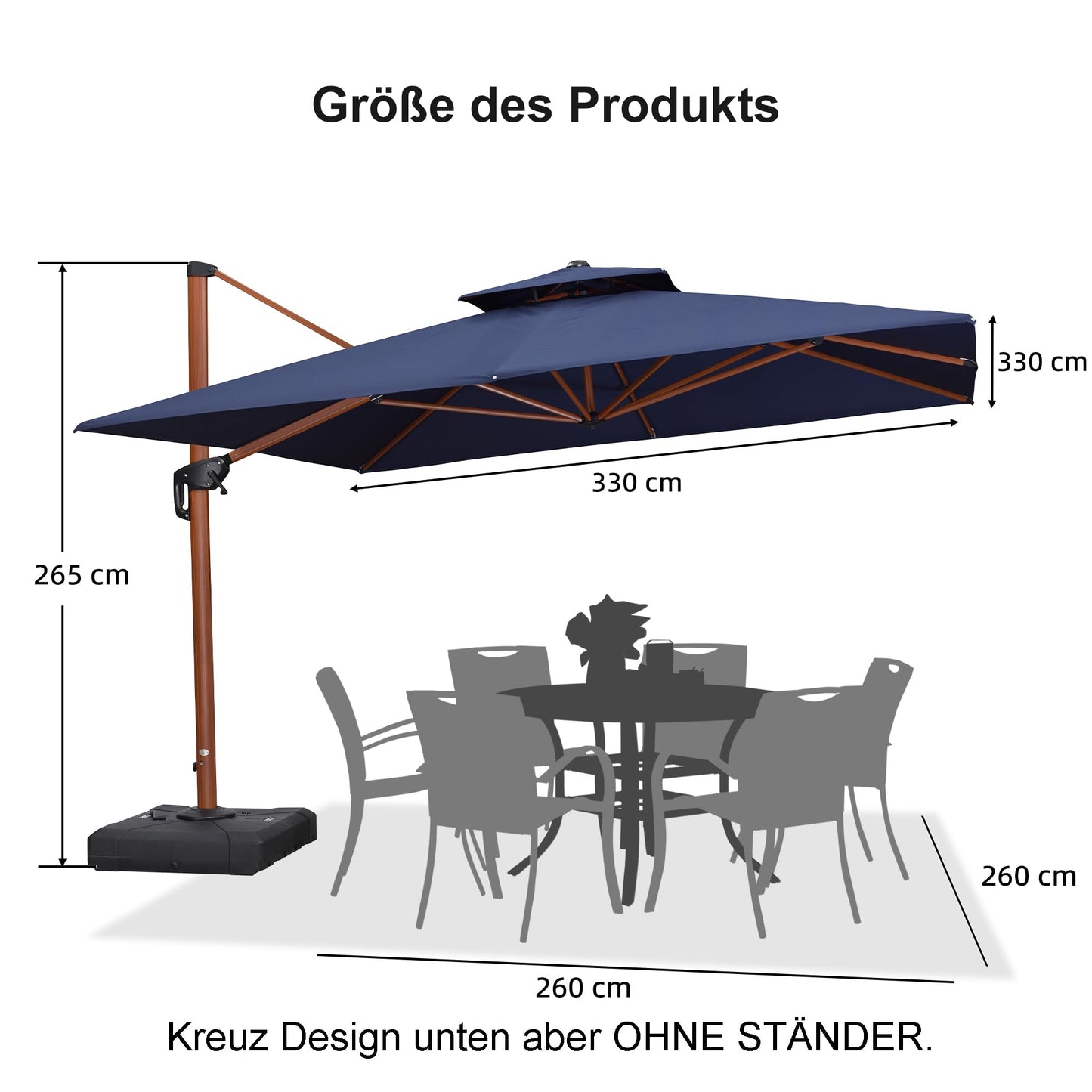 PURPLE LEAF Alu Sonnenschirm Groß Ampelschirm 330 x 330 cm Holzoptik Doppeldach Gartenschirm mit Kurbel 360° Drehbar XXL, Sonnenschutz UV50+, Marineblau