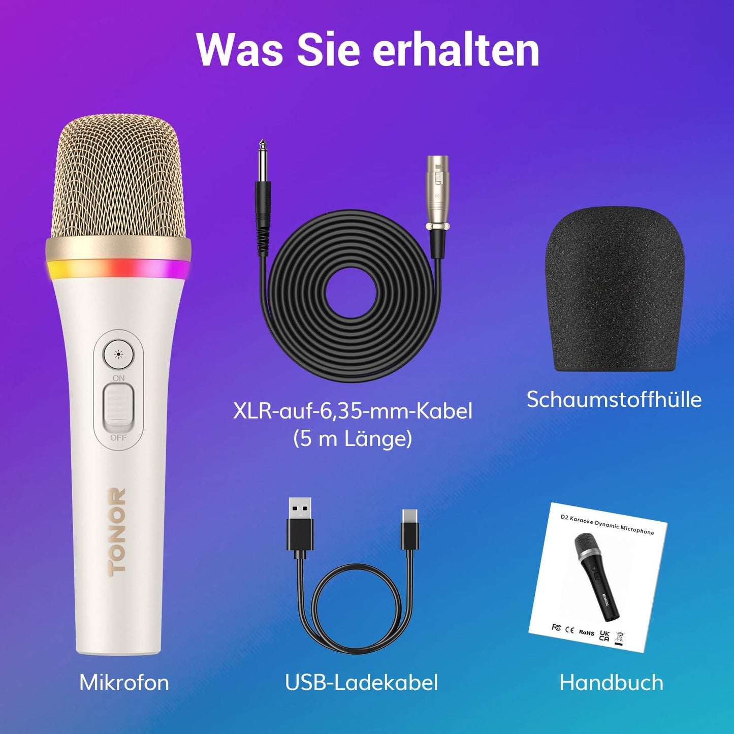 TONOR Dynamisches Karaoke Mikrofon, RGB XLR Gesangsmikrofon zum Singen, Handmikrofon mit 5M Kabel, Weiß Supernieren Microphone für Live-Gesang/Bühne/Lautsprecher/Studio/Zuhause/Party