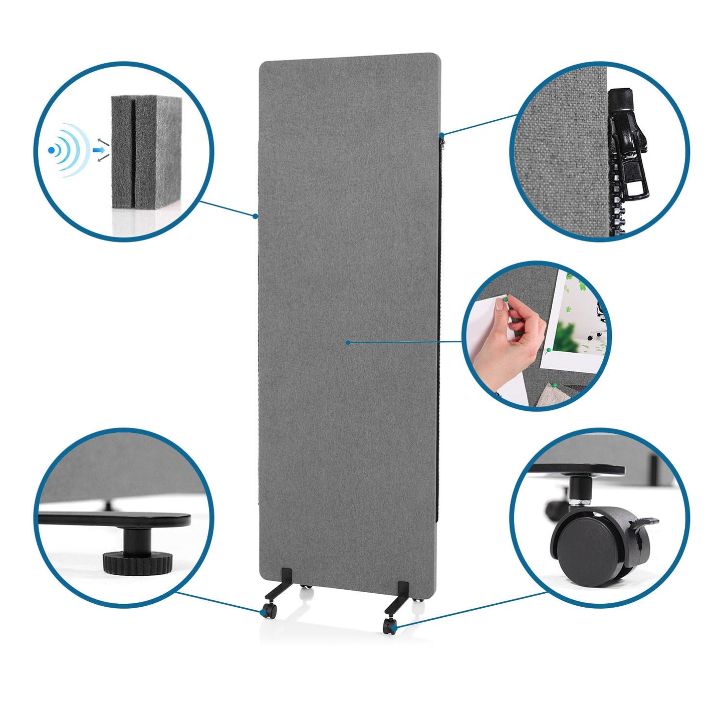 hjh OFFICE Mobile Akustik Trennwand einzeln 177 x 60 cm FLEXMIUT Stoff Dunkelgrau Raumteiler Mittelpanel mit Rollen & Gleiter 891007
