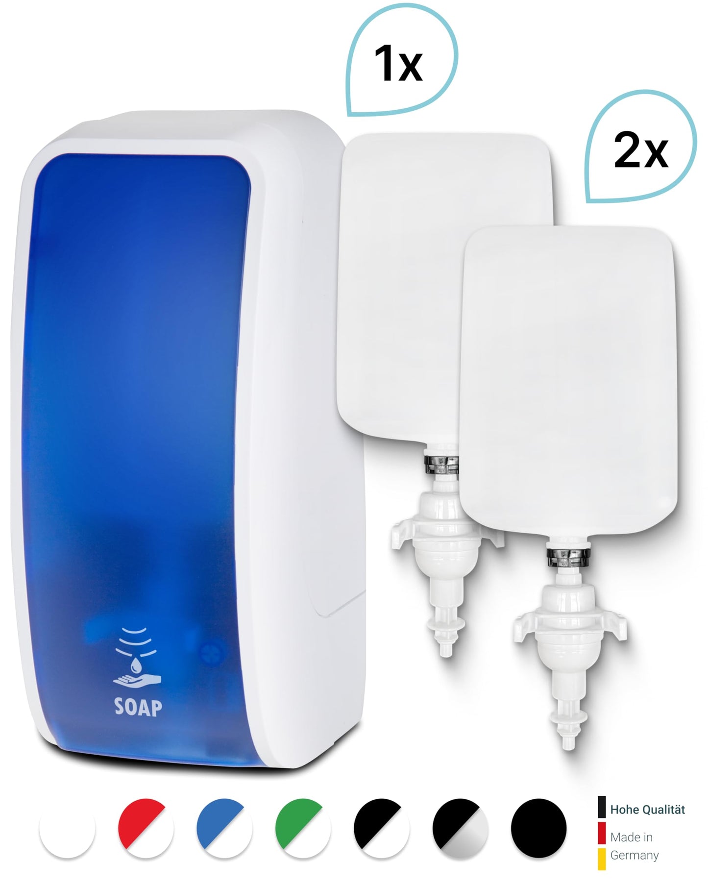 Blanc HYGIENIC Schaumseifen-Spender Cosmos– Seifenspender mit Sensor für Wand-Montage und 2 x 1 Liter Handseife, ergiebige Seife für ca. 7500 Anwendungen, Blau und Weiß