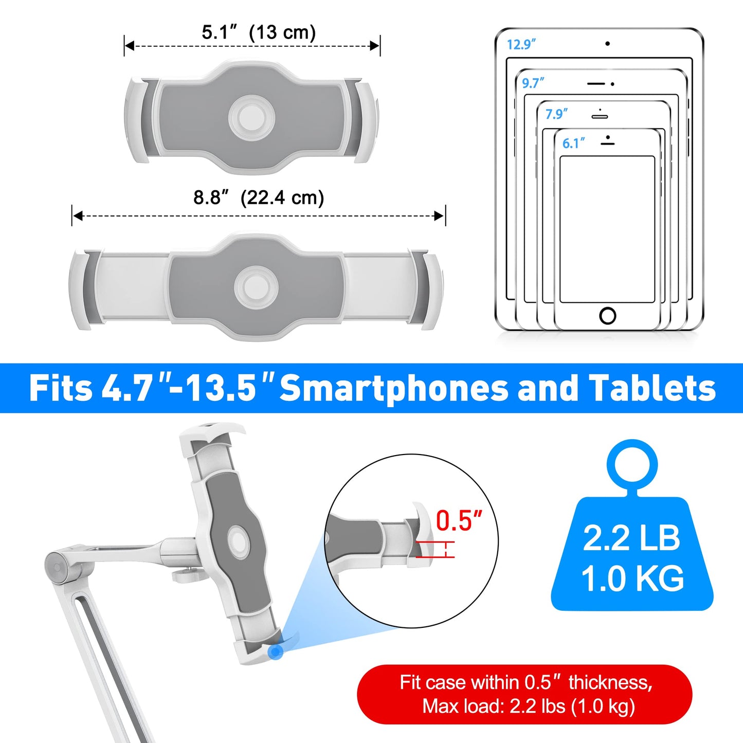 AboveTEK Tablet Halter iPad Wandhalterung Tablet Halterung mit Höhenvertellbar iPad Ständer für iPhone iPad Pro Küche Samsung Huawei MediaPad (4.7-13.5 Zoll) (WEIß)