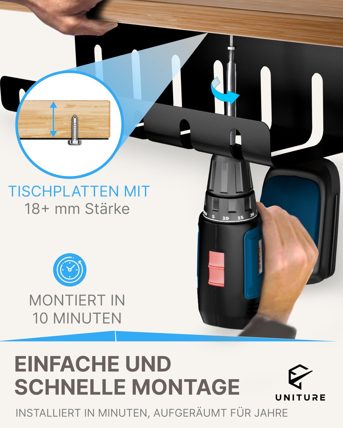 UNITURE® Kabelkanal Schreibtisch [DEKRA Zertifiziert] - 2er Set Kabelmanagement - 2x40cm Kabelhalter - Kabelführung - Cable Management Under Desk - Schwarz