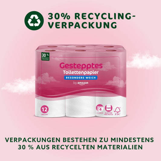 by Amazon Toilettenpapier, 4-lagig Gestepptes, Besonders Weich, 48 Rollen (12 Rollen, 4-er Pack), 160 Blätter pro Rolle, FSC-Zertifiziert
