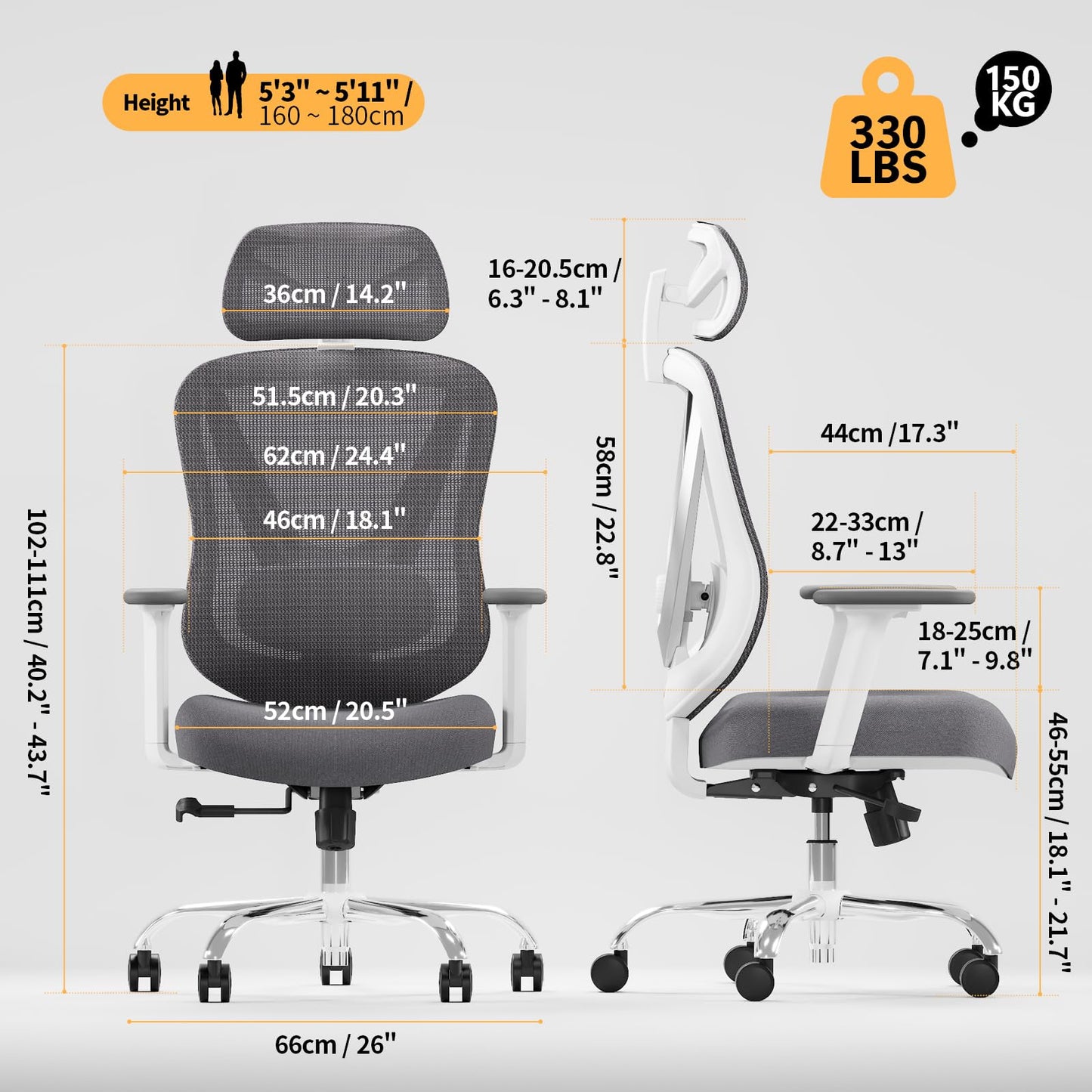 HOLLUDLE Ergonomischer Bürostuhl mit 3D Lendenstütze, Weiß