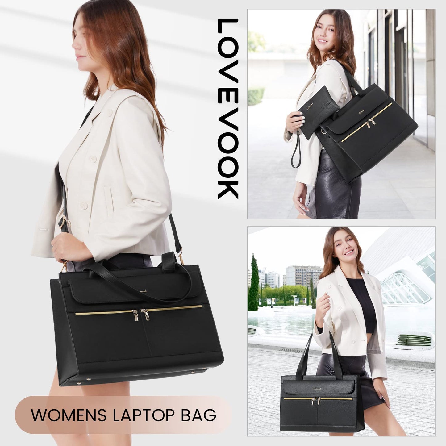 LOVEVOOK Laptop Handtasche Damen, Laptoptasche 15,6 Zoll Shopper Tasche Damen Groß, PU Leder Aktentasche Umhängetasche, Wasserdicht Arbeitstasche Lehrertasche für Business Büro Schule, Schwarz