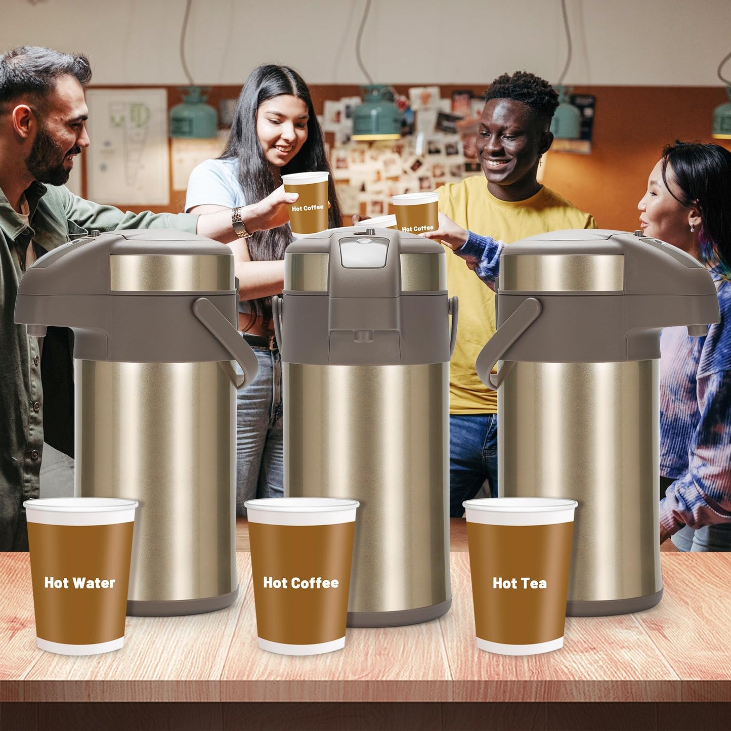 Olerd Pumpkannen Thermoskannen Kaffeespender 4,0 Liter, Edelstahl Doppelwandige Pump Vakuum Isolierkanne mit Pumpmechanismus, Kaffeekaraffe, Kanne für 24 Tassen (Gold)