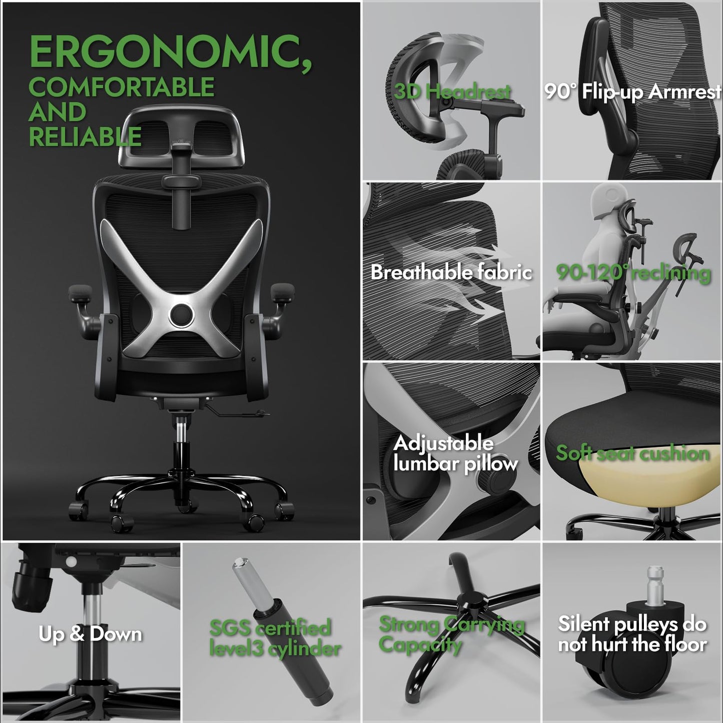 TRALT Ergonomischer Bürostuhl - X-förmiger bequemer Computer-Bürostuhl, Gaming-Stuhl, Bürostuhl mit Lendenwirbelstütze, Netz-Bürostuhl mit Kopfstütze (Schwarz und Silber)
