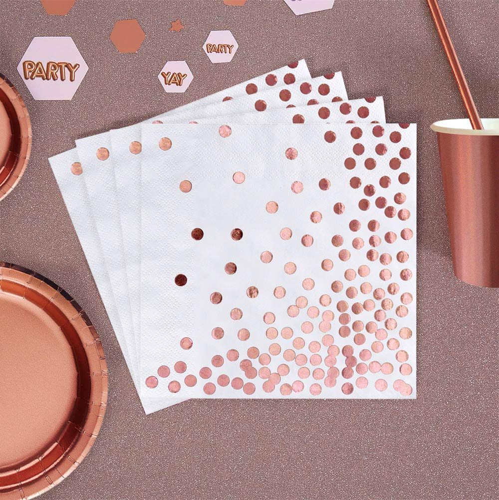 iZoeL 60 Servietten Partyservietten Rose Gold Dots 33 x 33cm 3-lagig Geburtstag Foiled Papierservietten Paper Napkins für Party Hochzeit Weihnachten Silvester