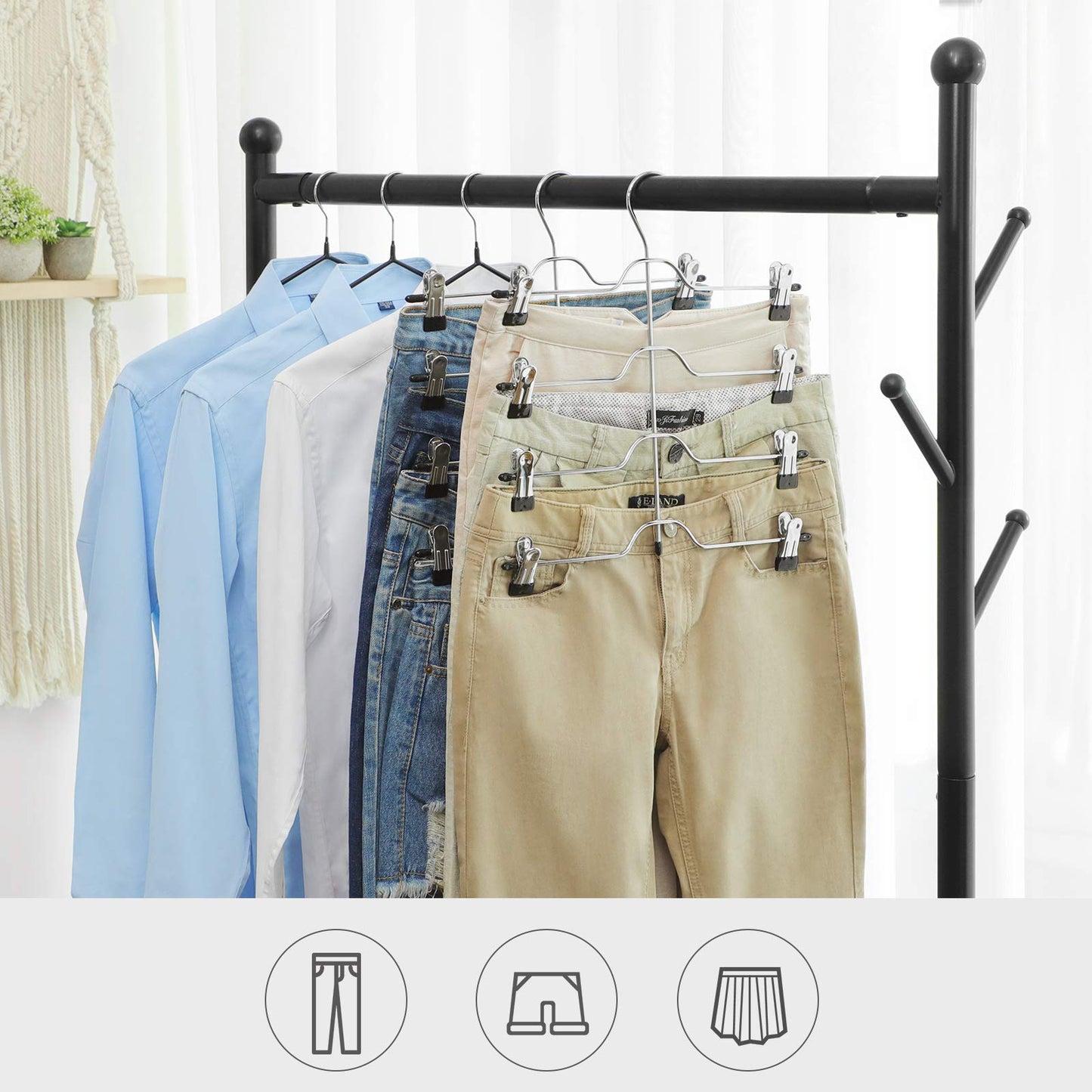 SONGMICS Hosenbügel platzsparend, Mehrfach-Rockbügel mit Clips, 3er Set, Kleiderbügel aus Metall, für je 4 Hosen, mit 8 verstellbaren Klammern, rutschfest, für Hosen, 32 cm, silbern-schwarz CRI042BK