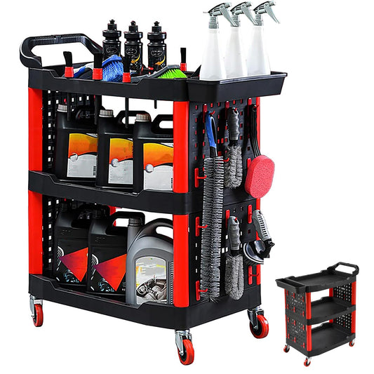 HYEIOL Werkstattwagen mit 3 Etagen, Lochbrett und 24 Haken, Tragkraft 100 kg, Schwarz, mit Universalrädern für Werkstatt und Lagerung