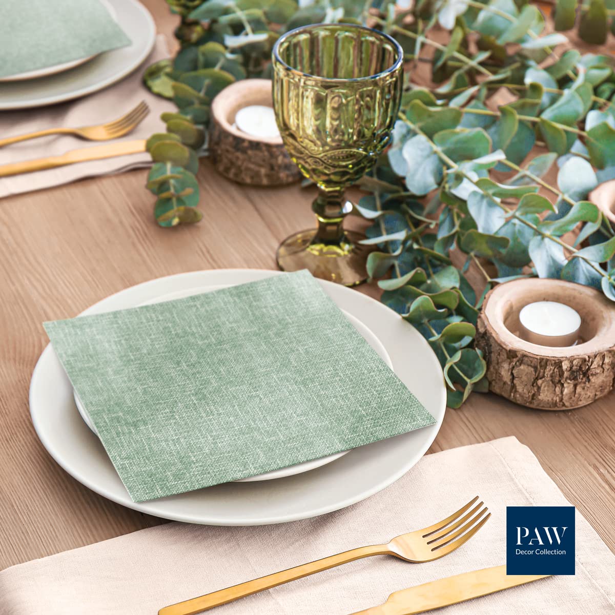 PAW - Servietten aus Airlaid - Stoffähnlich (40 x 40 cm) I 50 Stück I Ideal für Hochzeit, Taufe, Kommunion, Geburtstag I Stoffservietten - Natur, Grün I Farbe: Linen Structure GREEN