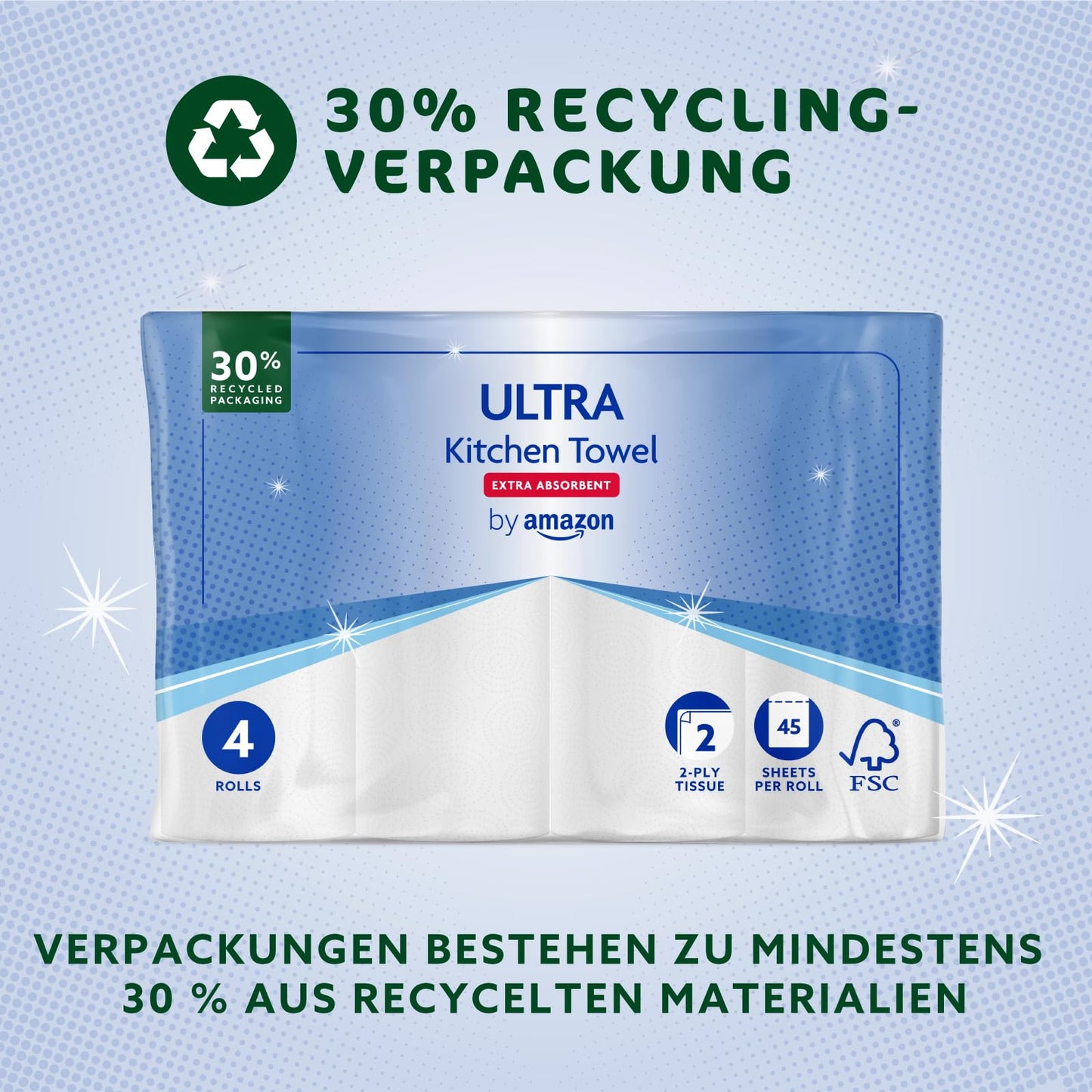 by Amazon ULTRA Küchenrolle, Extra Saugfähig, 24 Rollen (4 Rollen, 6-er Pack), 45 Blätter pro Rolle, Auswringen und Wiederverwenden, FSC-zertifiziert
