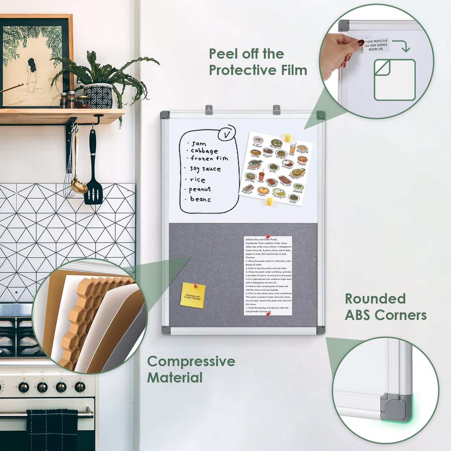Swansea Whiteboard Magnettafel und Pinnwand Filz mit Aluminiumrahmen für Wohnung, Büro, Küche und Schule, 60X45cm