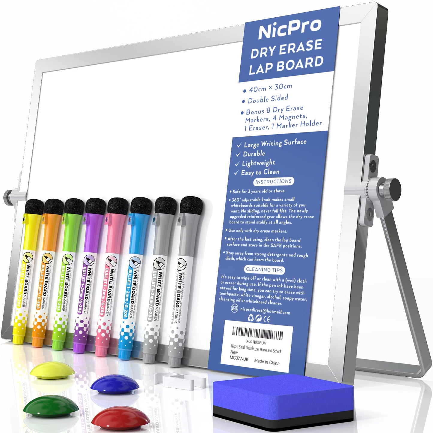 Nicpro Trockenlöschung Mini Whiteboard A3, Doppelseitiges Magnetische Desktop Schreibtafel mit Ständer, Stiften, Tragbare Staffelei Whiteboard für Kinder, Studenten, Schulbedarf, Büro (30 x 40 cm)