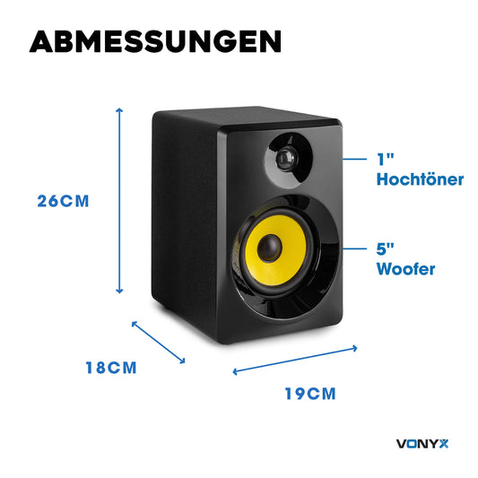 Vonyx SMN50B - Studio Monitor, Aktiv Lautsprecher Set, 140 Watt, 5 Zoll Studiolautsprecher Set, DJ Monitor Speakers, Abhörmonitor, Studiomonitor, PC Lautsprecher, Home Studio Boxen Aktiv, Schwarz