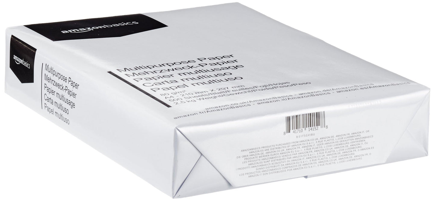 Amazon Basics Druckerpapier, DIN A4, 80 g/m², 2500 Stück, 5 Packungen mit 500, Weiß
