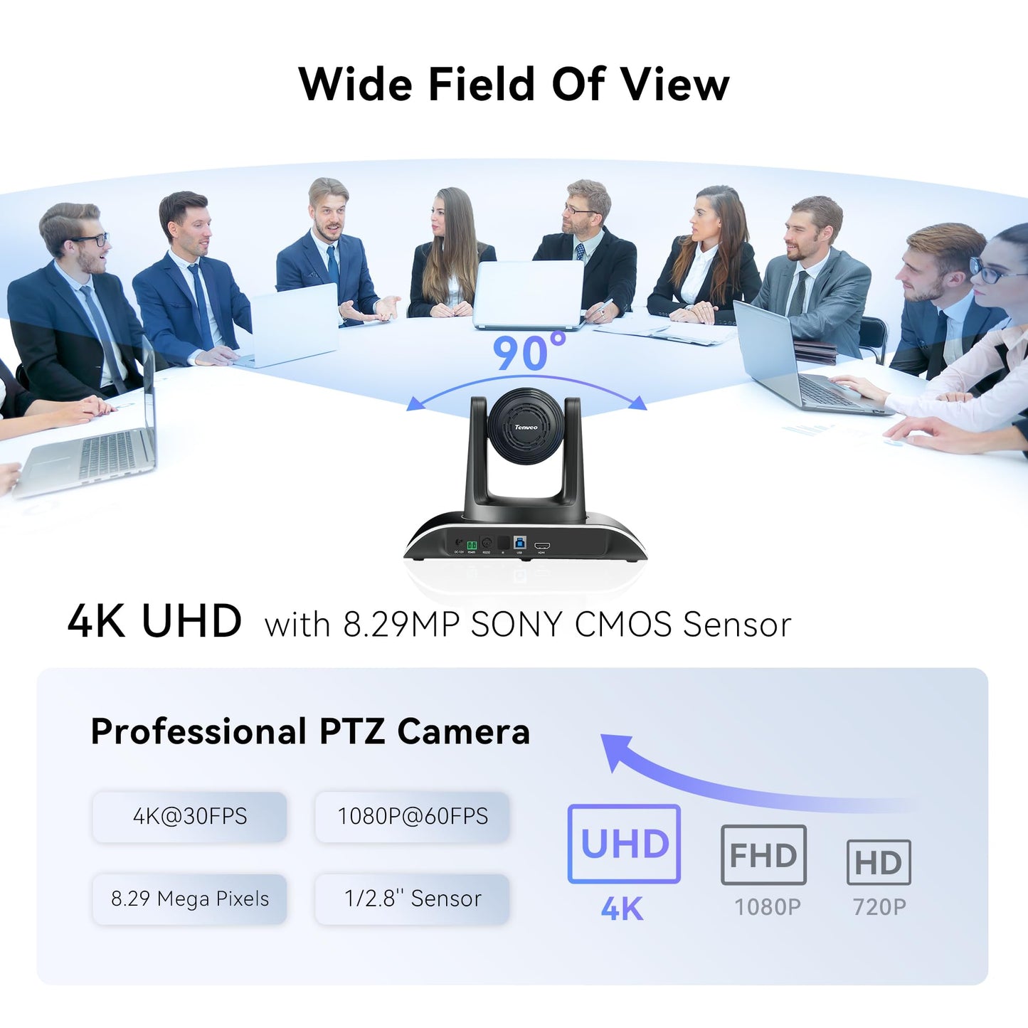 Tenveo 4K PTZ Konferenzraum Kamera 12X Optischer Zoom USB3.0/HDMI Weitwinkel PTZ Kamera für Videokonferenz Kirche,Skype/Zoom/OBS/YouTube Live Streaming