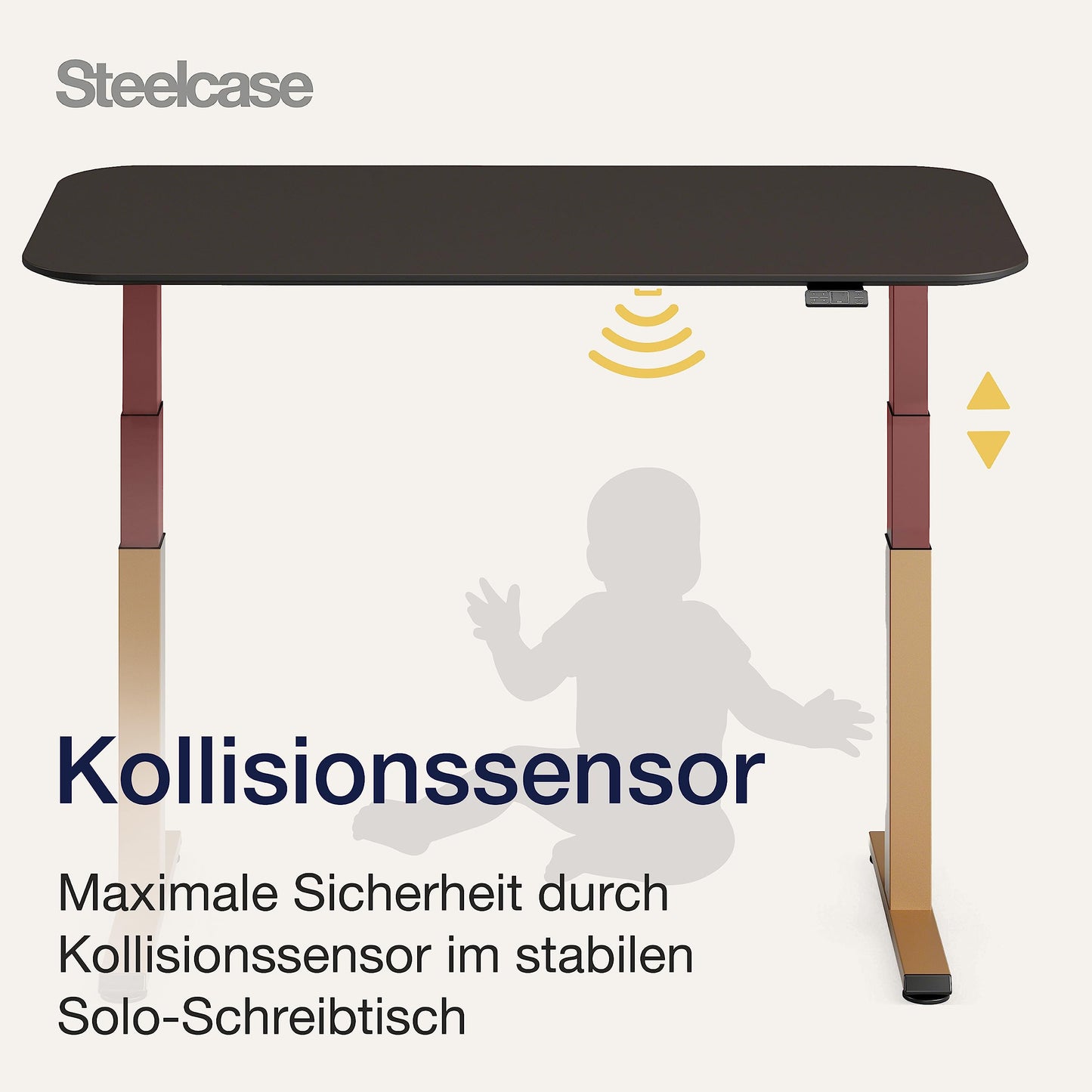 Steelcase Solo Elektromotorisch höhenverstellbarer Homeoffice-Schreibtisch, programmierbares Bedienpaneel, Antikollisionssensor, Kabelnetz, Tischplatte aus Linoleum Mauve, Gestell Messing Matt/Merlot
