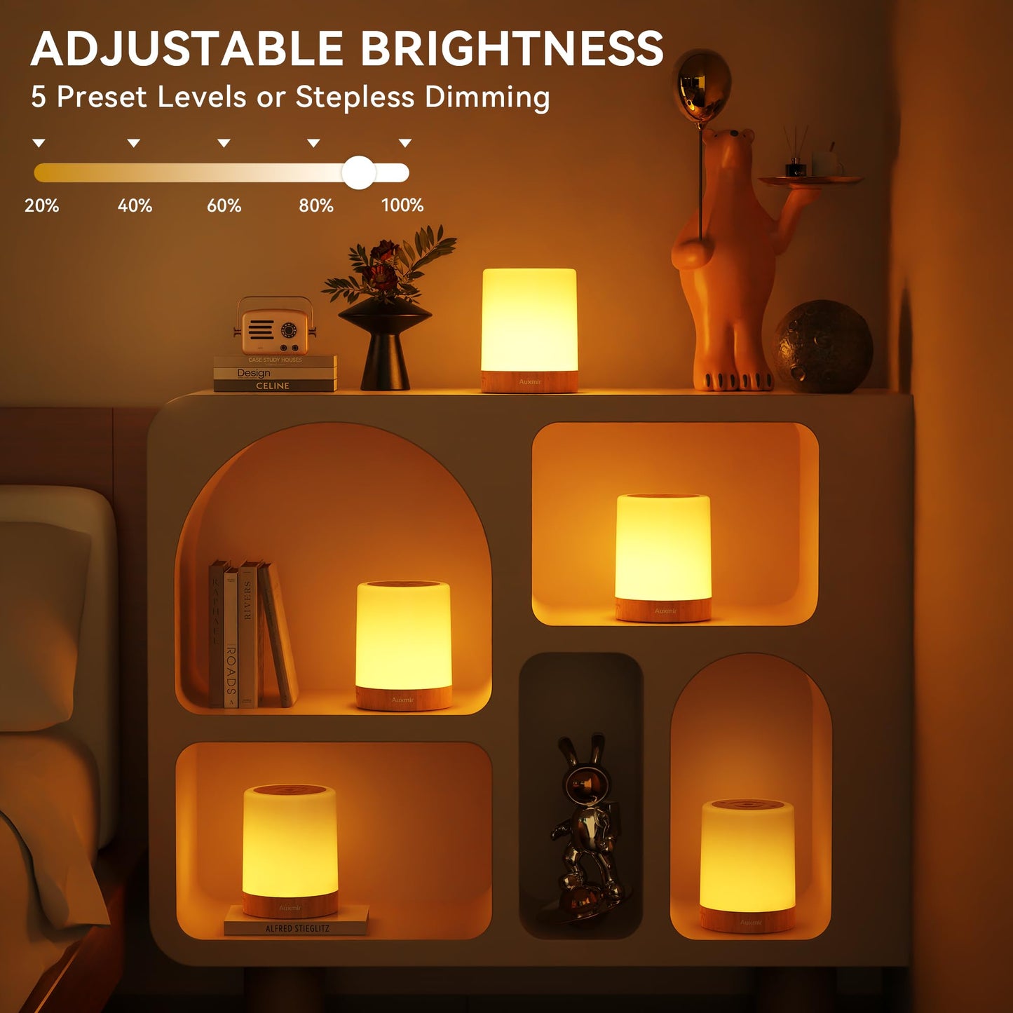 Auxmir LED Nachttischlampe Touch Dimmbar mit 256 RGB Farben & 4 Modi, Tischlampe Kabellos USB Aufladbar, Nachtlicht Holzmaserung Timing Funktion, Tragbar Nachtlampe für Schlafzimmer Wohnzimmer Camping